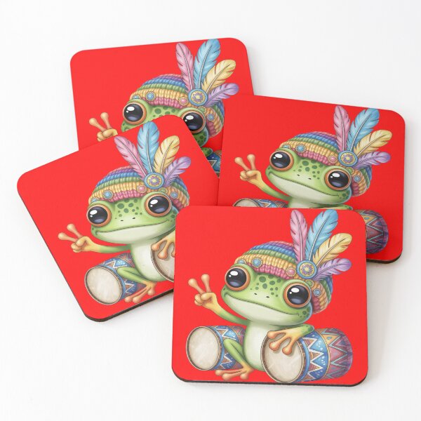 Item preview, a cute frog character wearing a colorful feathered headdress. designed and sold by 123ks.