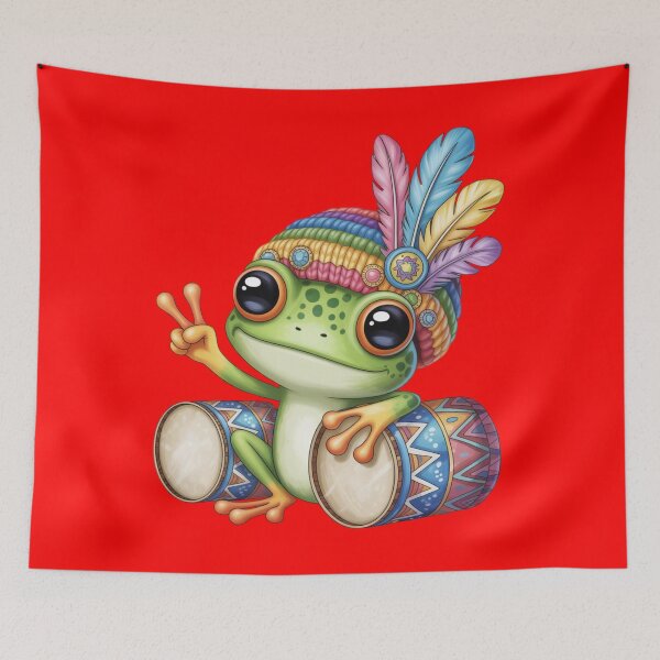 Item preview, a cute frog character wearing a colorful feathered headdress. designed and sold by 123ks.