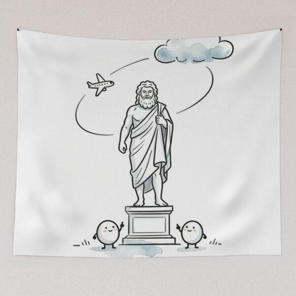 Item preview, Greek Mythology Art Print: Zeus Statue with Funny Egg Robot Fans and Airplane designed and sold by LenNo9881.