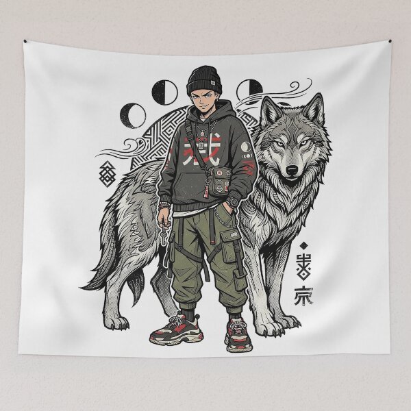 Item preview, Japanese Streetwear Wolf Guardian – Urban Wolf Anime Warrior Graphic designed and sold by cannsuh.