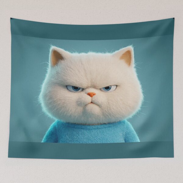 Item preview, Grumpy White Cat in Blue Sweater Cute Funny Animal Portrait Art Print designed and sold by LenNo9881.