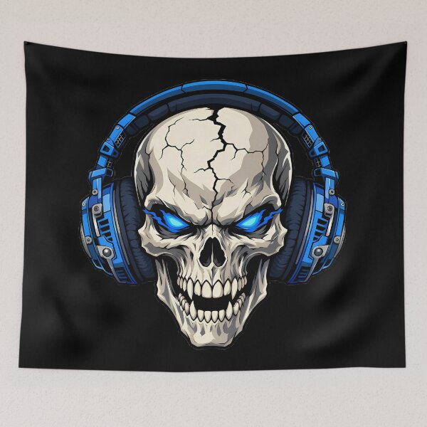 Item preview, Cracked Skull Wearing Blue Gaming Headphones designed and sold by Linework Studio.