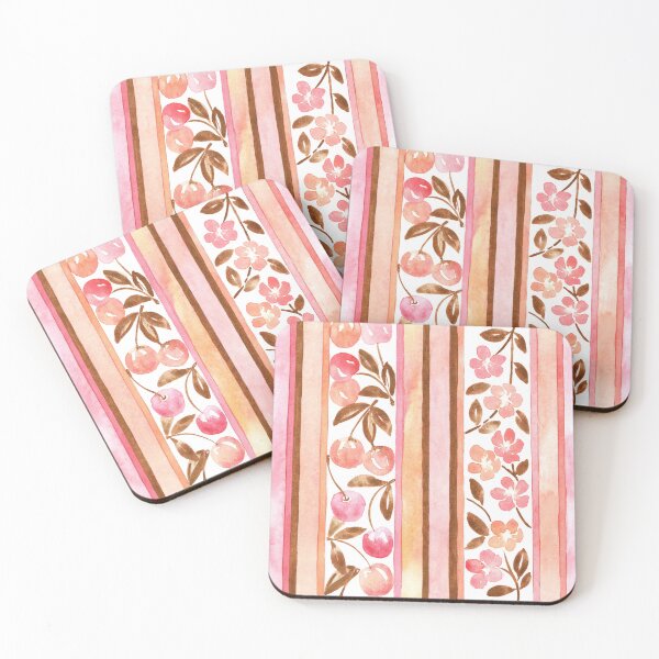 Item preview, Hand-Painted Watercolor Cherries and Blossoms on Pastel Stripes designed and sold by andrebalest.art.