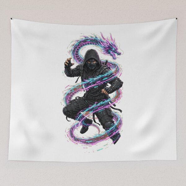 Item preview, Cyberpunk Ninja Master Wrapped In Neon Digital Dragon designed and sold by Surviving Monday Club.