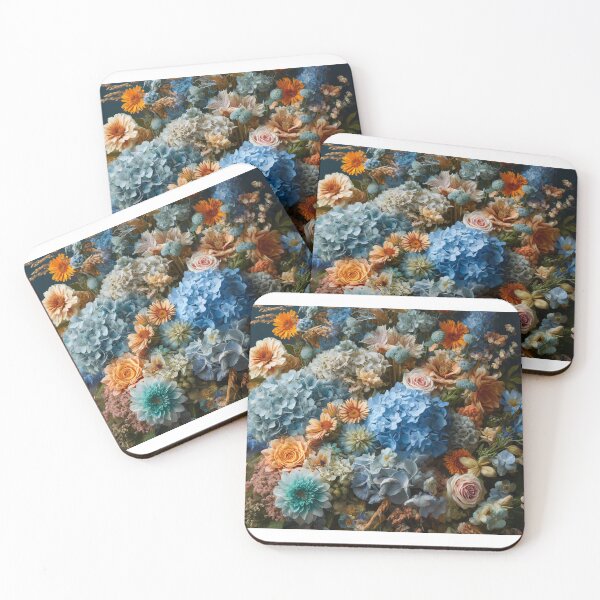 Item preview, Blue Hydrangeas and Orange Flowers on Dark Background designed and sold by NarjaShop.