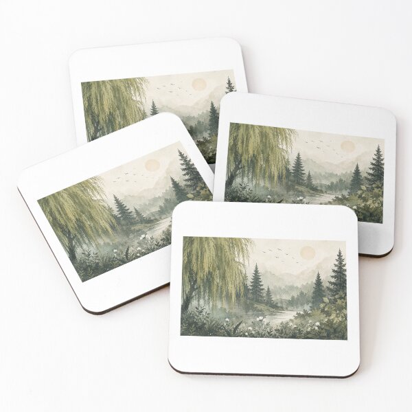Item preview, Watercolor Misty Forest Landscape Lake Nature Art designed and sold by StudioAuraco.