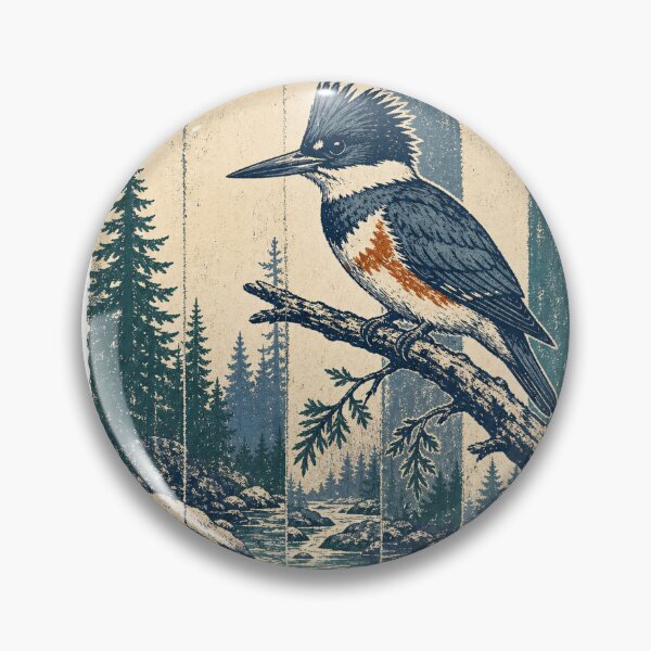 Item preview, Belted Kingfisher in the Rocky Stream Wild Bird Nature Illustration designed and sold by VisualArtsOasis.
