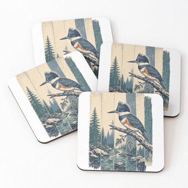 Item preview, Belted Kingfisher in the Rocky Stream Wild Bird Nature Illustration designed and sold by VisualArtsOasis.