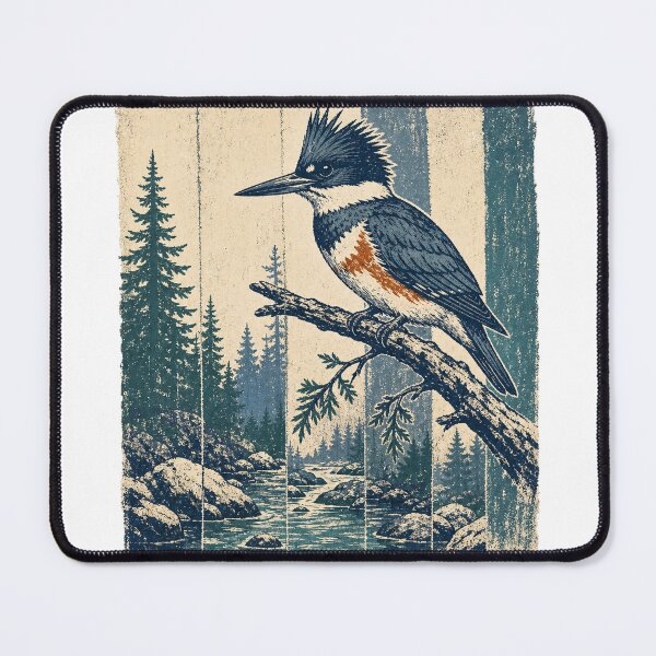 Item preview, Belted Kingfisher in the Rocky Stream Wild Bird Nature Illustration designed and sold by VisualArtsOasis.