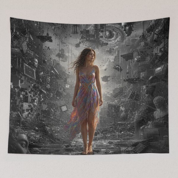 Item preview, Surreal Cyberpunk AI Girl Amidst Cosmic Chaos designed and sold by LenNo9881.