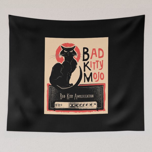 Item preview, Vintage Parody Poster Bad Kitty Mojo Guitar Amplifier with Black Cat sitting on amp heado' lantern pumpkins designed and sold by Jdawnink.