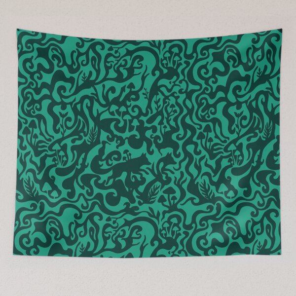 Item preview, Hidden Fox & Mushrooms - Green Gestalt Seamless Pattern designed and sold by Pulpa-grafica.