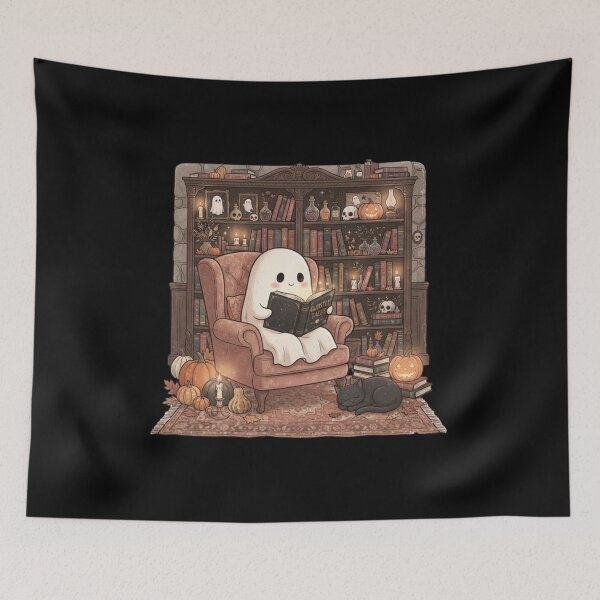 Item preview, Ghost Reading Book Cute Halloween Bookworm Black Cat T-Shirt | Spooky Reader Library Graphic Gift designed and sold by Trendably.