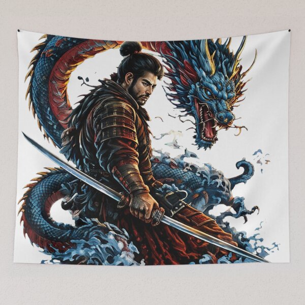 Item preview, Japanese Dragon Warrior - Samurai with Blue Dragon and Crashing Waves designed and sold by Surviving Monday Club.