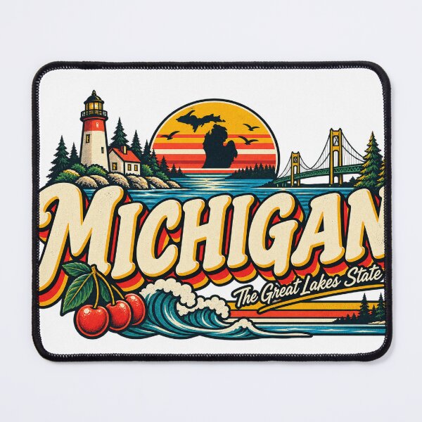 Item preview, Michigan Great Lakes State Vintage Lighthouse Bridge Graphic Tee designed and sold by TM DESIGNS AND MORE.