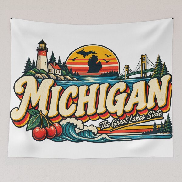 Item preview, Michigan Great Lakes State Vintage Lighthouse Bridge Graphic Tee designed and sold by TM DESIGNS AND MORE.