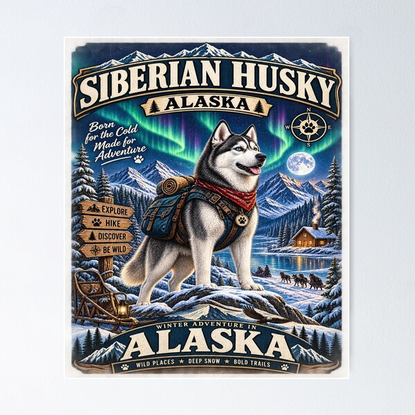 Item preview, Siberian Husky Alaska Winter Adventure Vintage Travel Poster designed and sold by TeeVibeHaus.