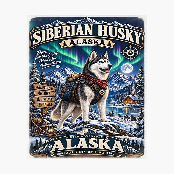 Item preview, Siberian Husky Alaska Winter Adventure Vintage Travel Poster designed and sold by TeeVibeHaus.