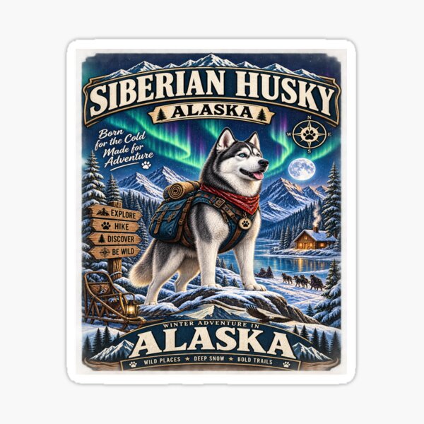 Item preview, Siberian Husky Alaska Winter Adventure Vintage Travel Poster designed and sold by TeeVibeHaus.