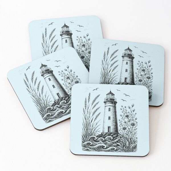 Item preview, Linocut Lighthouse Wildflowers Beach Waves Vintage Nature   designed and sold by Y-Vibes.