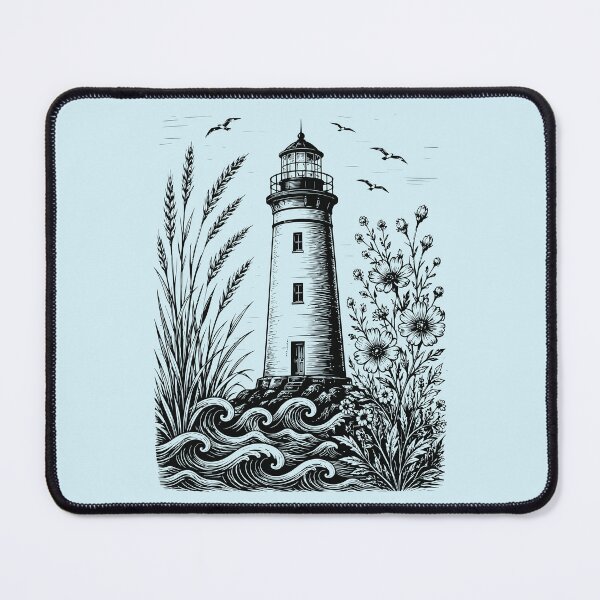 Item preview, Linocut Lighthouse Wildflowers Beach Waves Vintage Nature designed and sold by Y-Vibes.