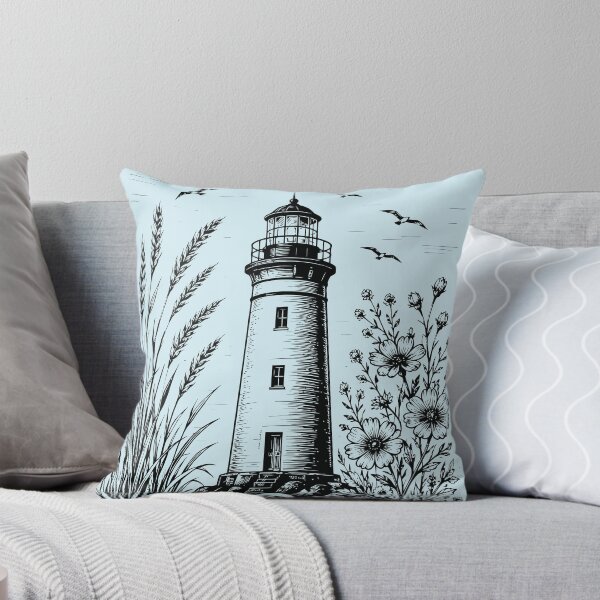 Item preview, Linocut Lighthouse Wildflowers Beach Waves Vintage Nature   designed and sold by Y-Vibes.