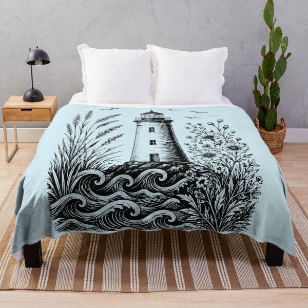 Item preview, Linocut Lighthouse Wildflowers Beach Waves Vintage Nature designed and sold by Y-Vibes.