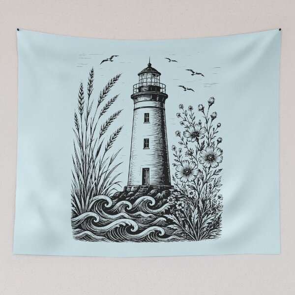 Item preview, Linocut Lighthouse Wildflowers Beach Waves Vintage Nature designed and sold by Y-Vibes.
