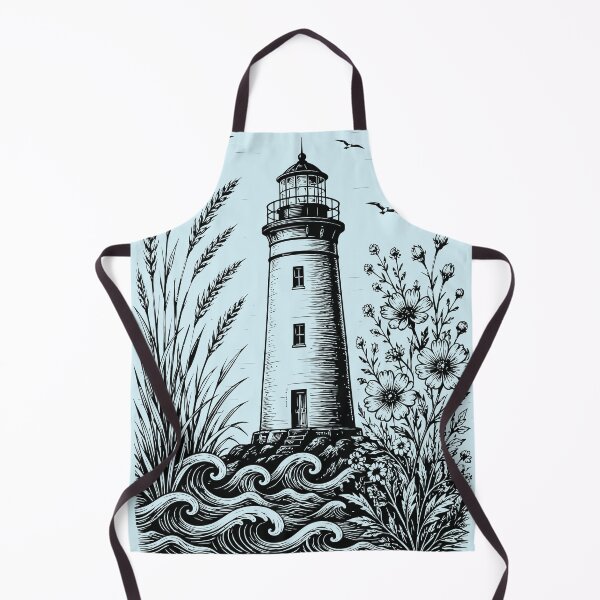 Artikelvorschau, Linolschnitt Leuchtturm Wildblumen Strandwellen Vintage Natur entworfen und verkauft von Y-Vibes.