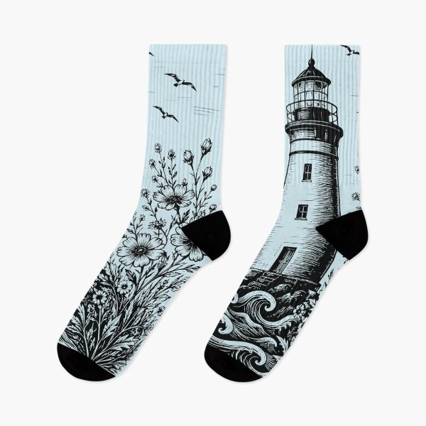 Item preview, Linocut Lighthouse Wildflowers Beach Waves Vintage Nature   designed and sold by Y-Vibes.