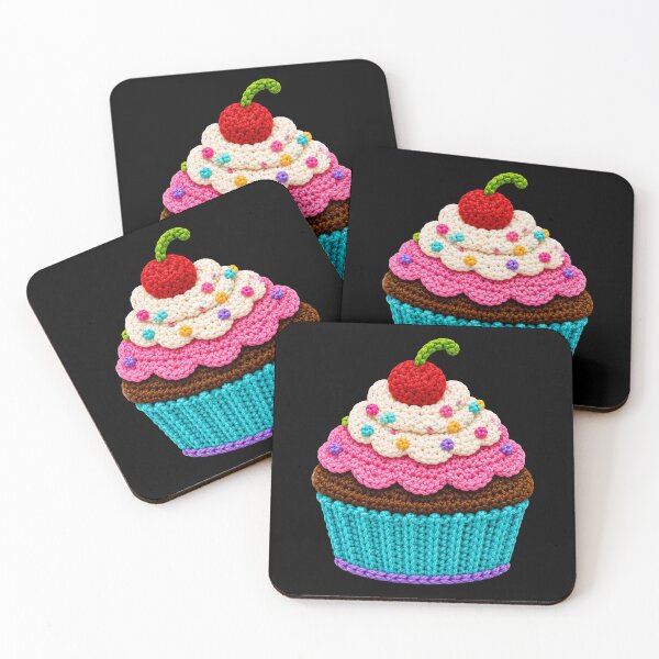 Item preview, Retro Crochet-Style Cupcake with Cherry on Top Print Black Shapes Mania designed and sold by Shapes-Mania.