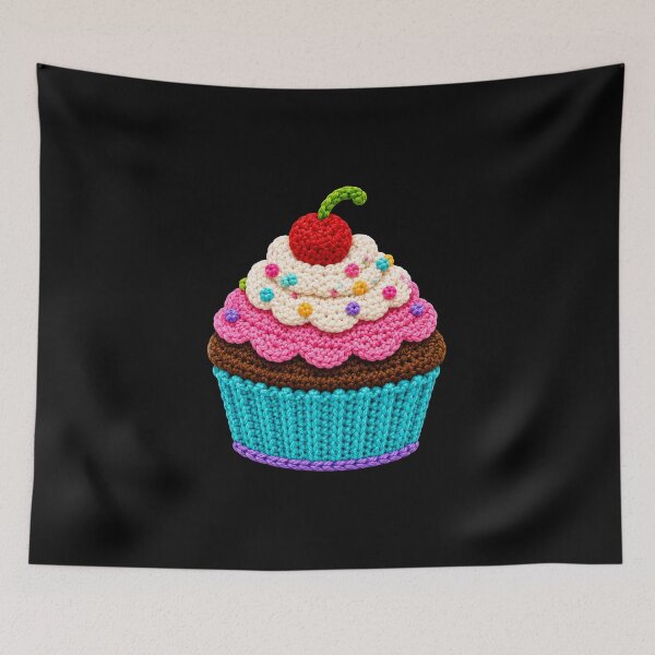 Item preview, Retro Crochet-Style Cupcake with Cherry on Top Print Black Shapes Mania designed and sold by Shapes-Mania.