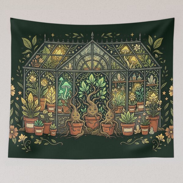 Item preview, Whimsical Magical Greenhouse with Cute Mandrake Plants Art designed and sold by KreonaTime.