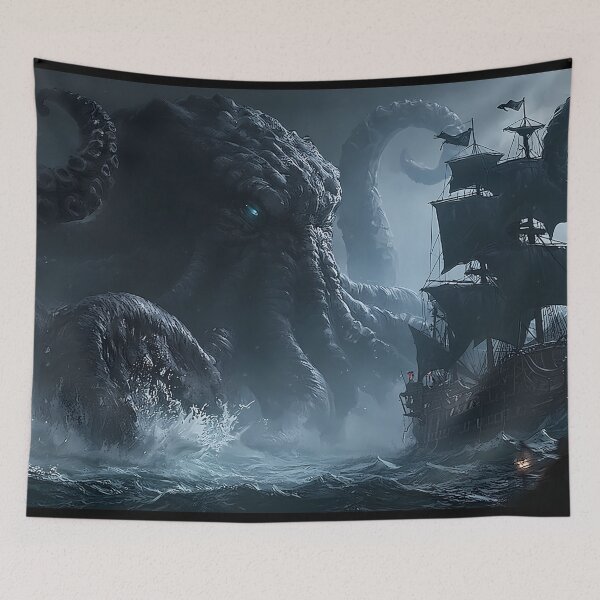 Item preview, Kraken Attacking Pirate Ship Dark Fantasy designed and sold by MythicGridArt.