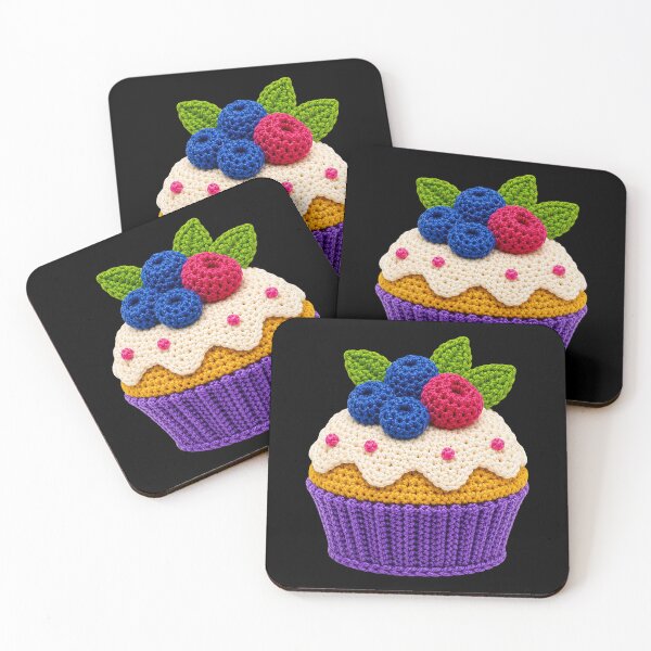 Item preview, Retro Crochet-Style Berry-Topped Cupcake Print on Black Shapes Mania designed and sold by Shapes-Mania.