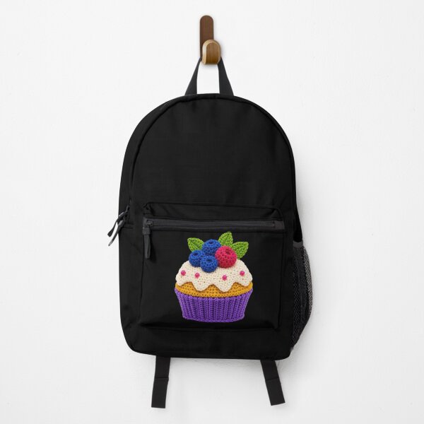 Item preview, Retro Crochet-Style Berry-Topped Cupcake Print on Black Shapes Mania designed and sold by Shapes-Mania.