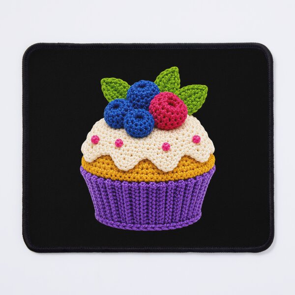 Item preview, Retro Crochet-Style Berry-Topped Cupcake Print on Black Shapes Mania designed and sold by Shapes-Mania.