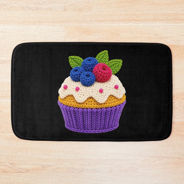 Item preview, Retro Crochet-Style Berry-Topped Cupcake Print on Black Shapes Mania designed and sold by Shapes-Mania.