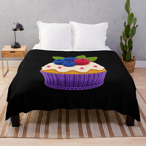 Item preview, Retro Crochet-Style Berry-Topped Cupcake Print on Black Shapes Mania designed and sold by Shapes-Mania.