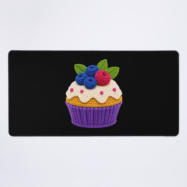Item preview, Retro Crochet-Style Berry-Topped Cupcake Print on Black Shapes Mania designed and sold by Shapes-Mania.