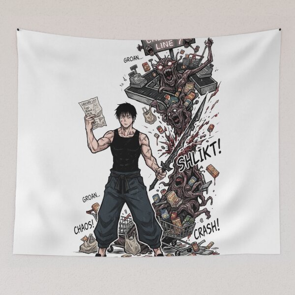 Item preview, Anime warrior fighting monsters in the supermarket designed and sold by FreakToons.