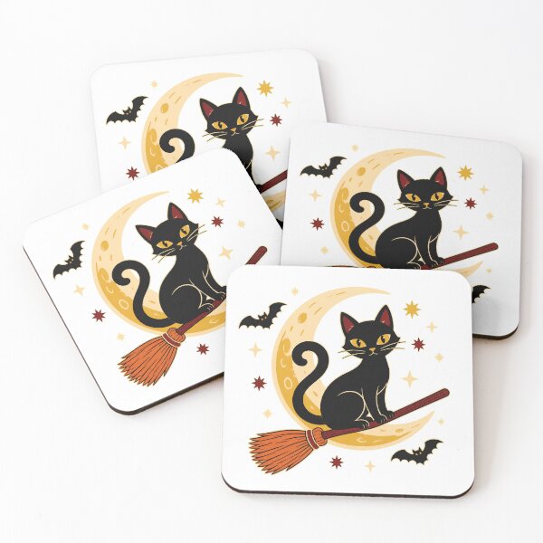 Item preview, Black Cat Flying on Witch Broom Halloween designed and sold by Drôle de Monde.