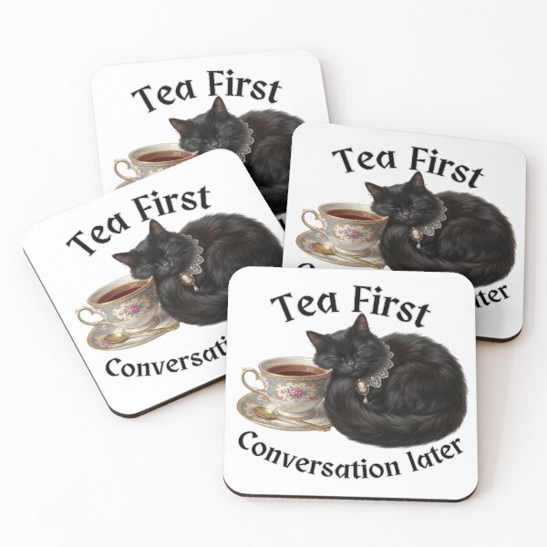 Item preview, Tea First, Conversation Later – Cozy Tea Lover Cat Design designed and sold by FogandFinch.
