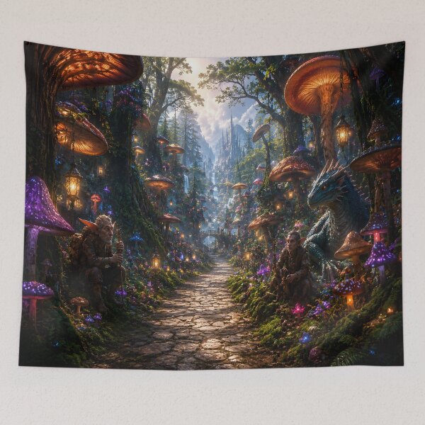 Item preview, Enchanted Fantasy Forest with Giant Mushrooms and Dragon – Magical Woodland Path designed and sold by cozeecore.