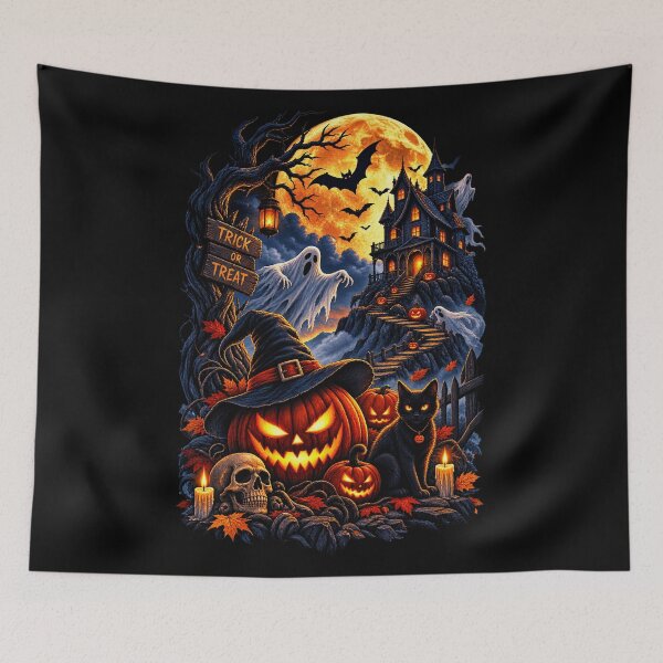 Item preview, Trick or Treat Halloween Haunted House | Spooky Pumpkin, Ghost & Black Cat | Vintage Halloween Design designed and sold by TheAllInStore.