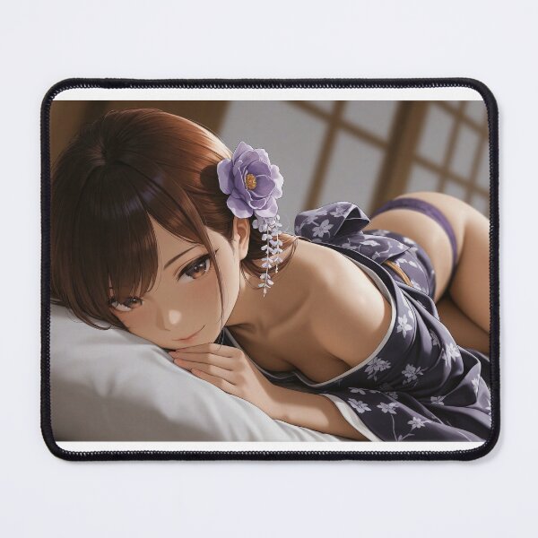 Item preview, Sensual Anime Girl in Purple Floral Kimono Yukata Elegant Japanese Aesthetic Illustration Wall Art designed and sold by JapaneseArtAI.