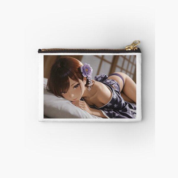 Item preview, Sensual Anime Girl in Purple Floral Kimono Yukata Elegant Japanese Aesthetic Illustration Wall Art designed and sold by JapaneseArtAI.