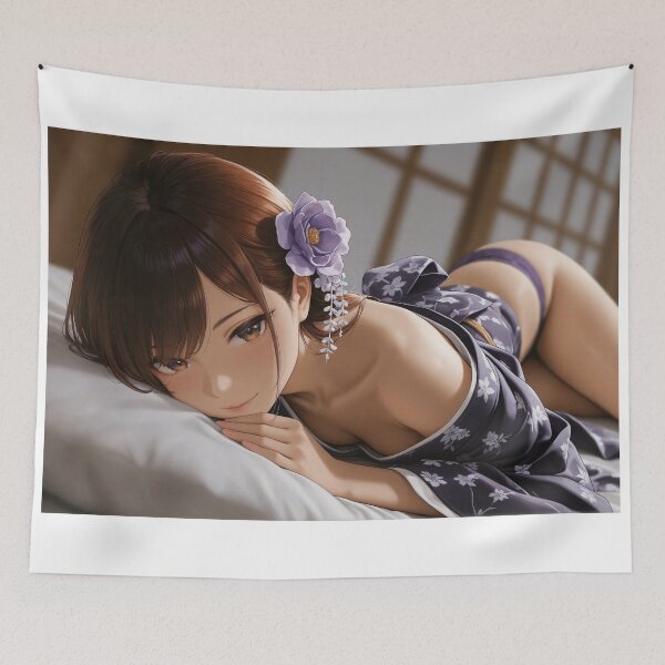 Item preview, Sensual Anime Girl in Purple Floral Kimono Yukata Elegant Japanese Aesthetic Illustration Wall Art designed and sold by JapaneseArtAI.