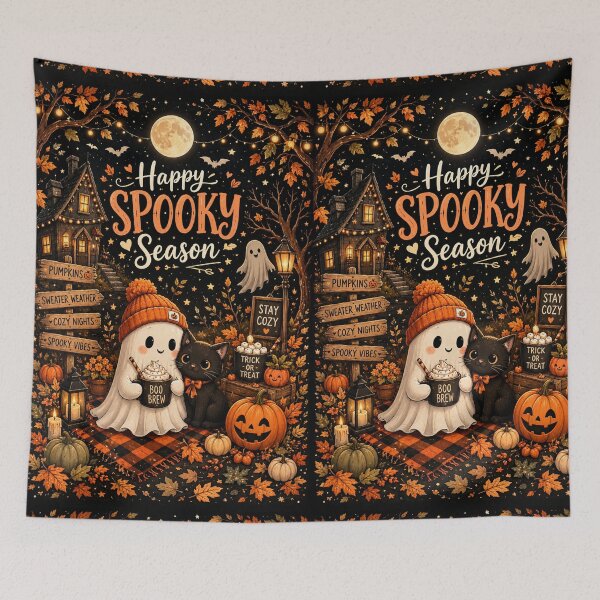 Item preview, Happy Spooky Season | Cozy Halloween Ghost & Black Cat | Cute Pumpkin Autumn Night Design designed and sold by TheAllInStore.
