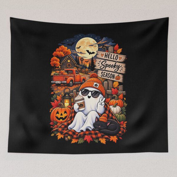 Artikelvorschau, Fröhliche Gruselsaison | Gemütliches Halloween-Geist- und schwarzes Katzenmotiv | Niedliches Kürbis-Herbstdesign entworfen und verkauft von TheAllInStore.